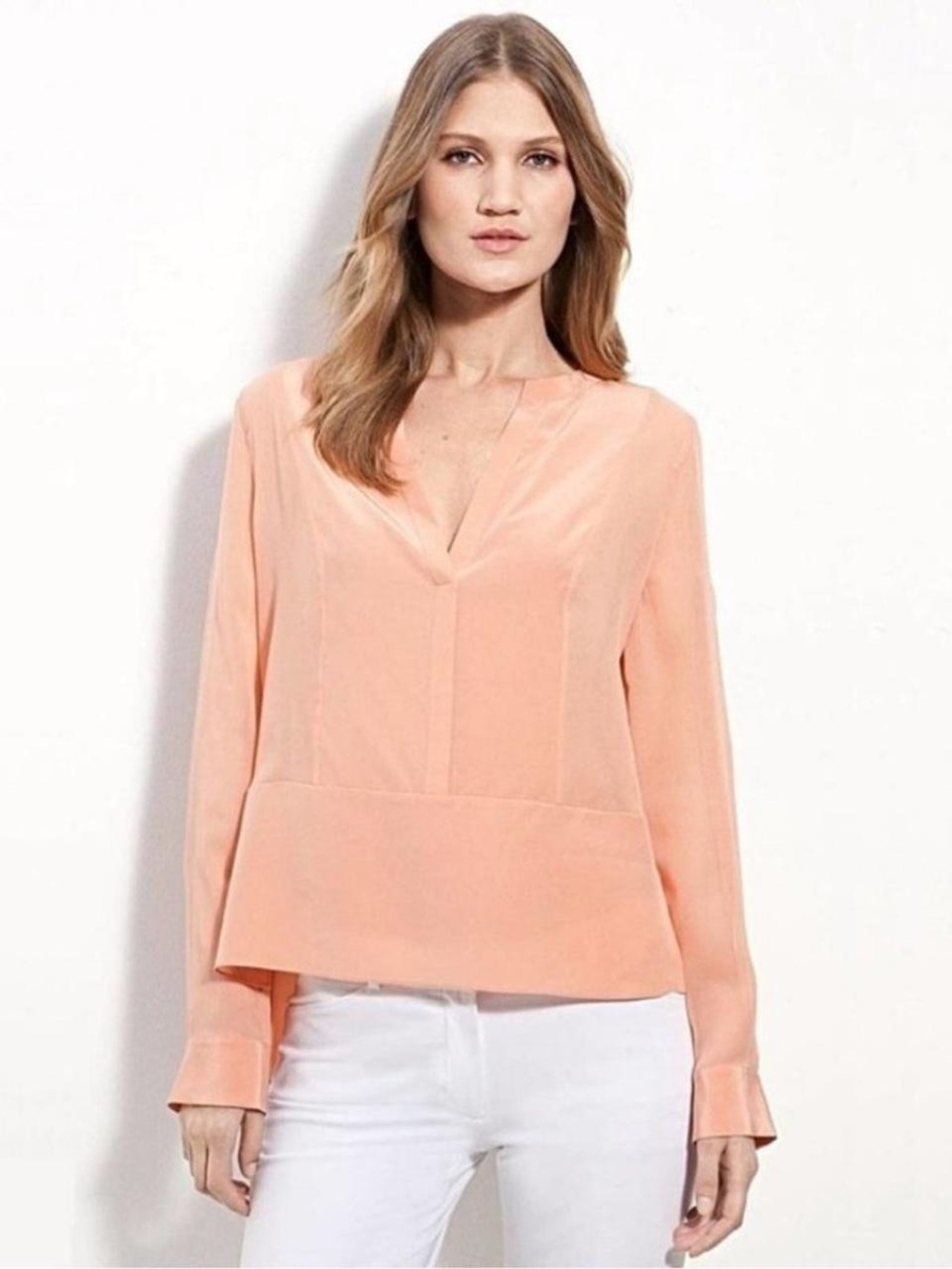 BCBGMaxAzria Silk Liberty V-Neck Long Sleeve Blouse - blush/ peach - sz medium
